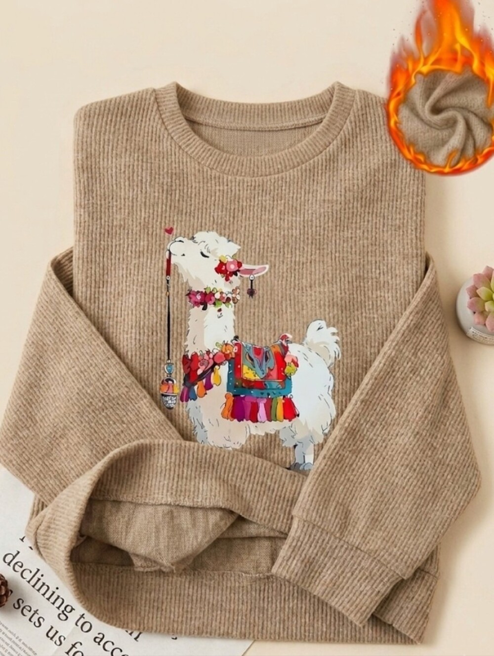 SWEATER Unique Llama/Alpaca Motif Sweater 🦙 Boho Casual Pullover Khaki M